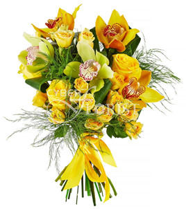 Желтый букет из роз и орхидей